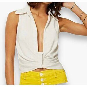 Ramy Brook Spencer Plunging V-Neck Sleeveless Collared Crop Top Ivory Button XS